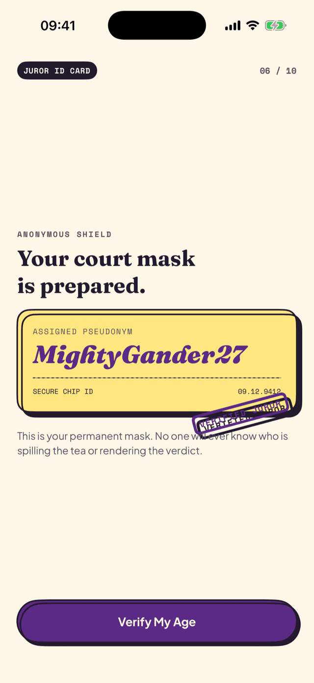The juror ID card screen assigning an anonymous pseudonym