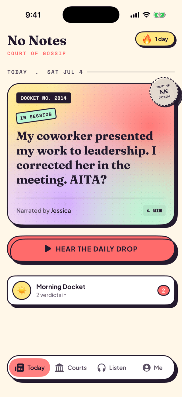 The Today tab with the daily drop case, narrated by Jessica